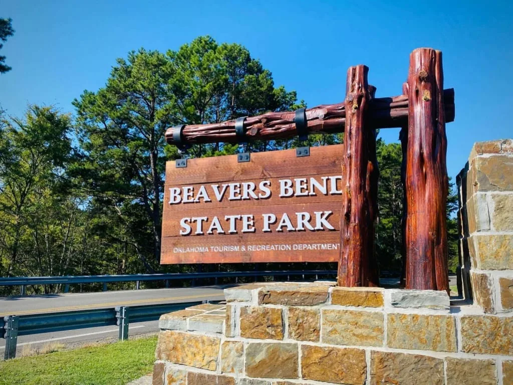 Beavers Bend State Park entrance sign off Highway 259A in Broken Bow, Oklahoma