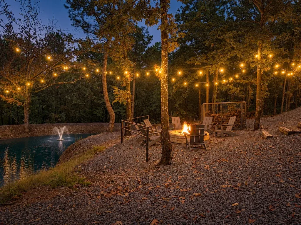 Private pond and fire pit illuminated at night at The Aroha