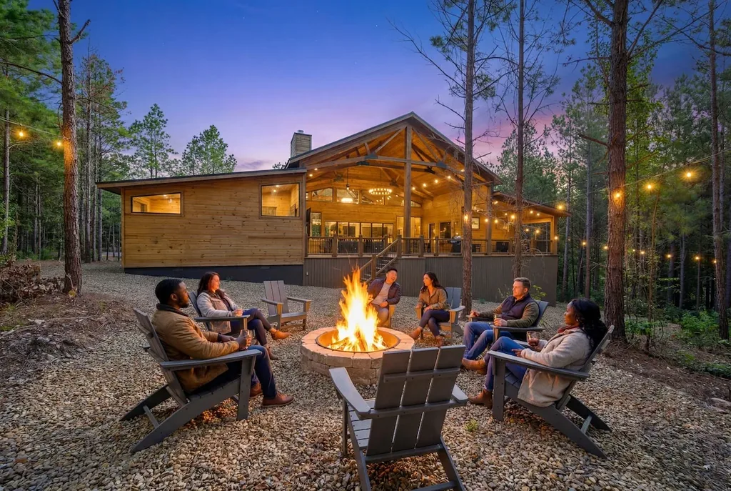 Guests gathered around The Avalon's fire pit at dusk
