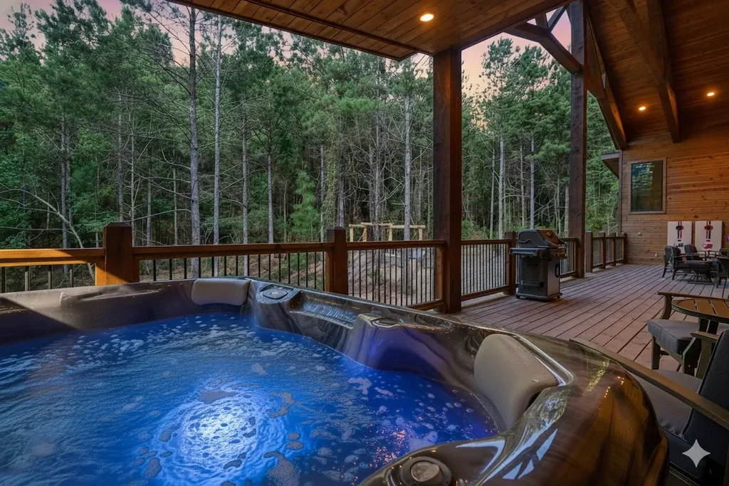 Bubbling hot tub beneath The Avalon's covered deck