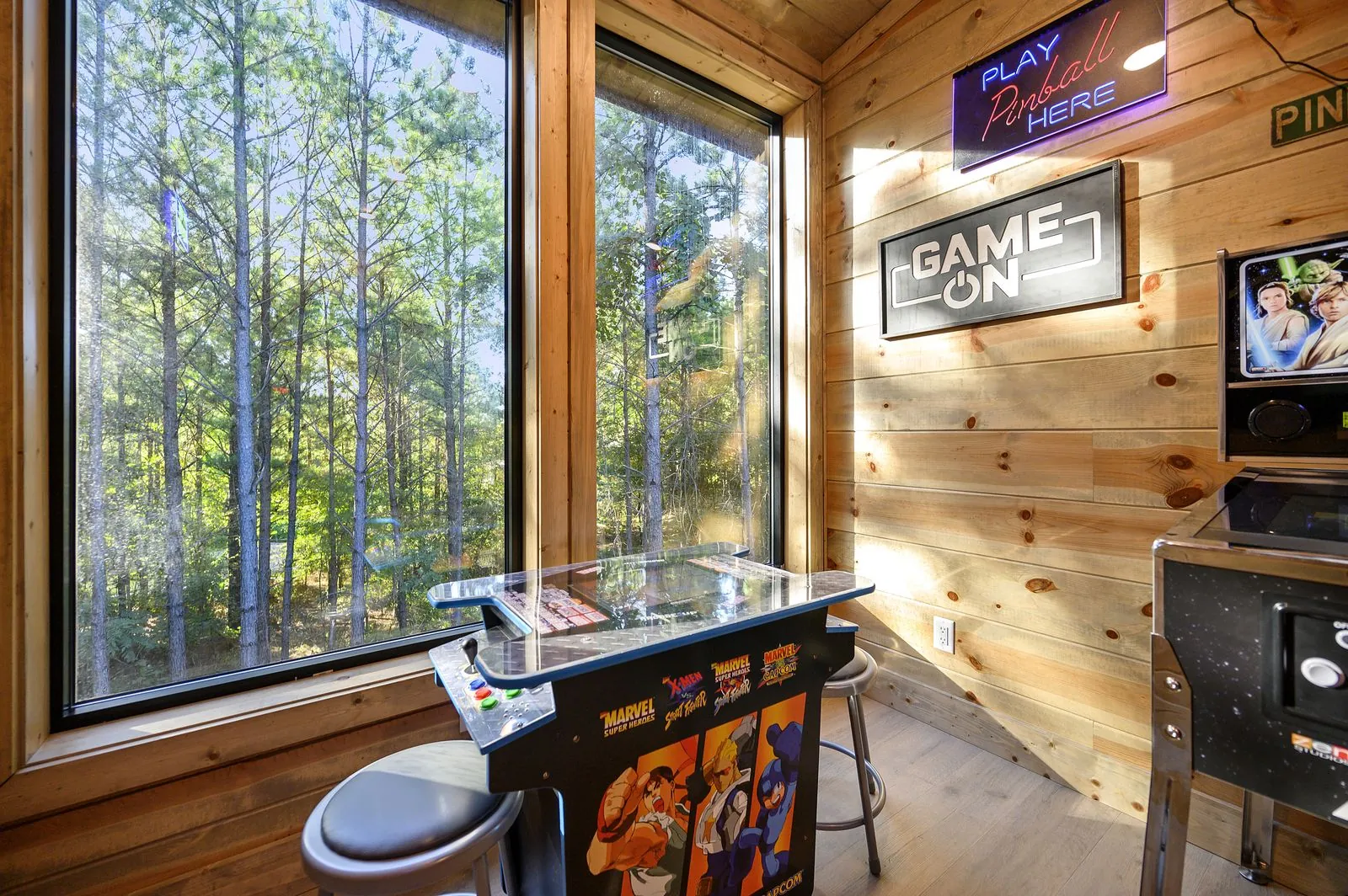Arcade game room at The Avalon with forest views