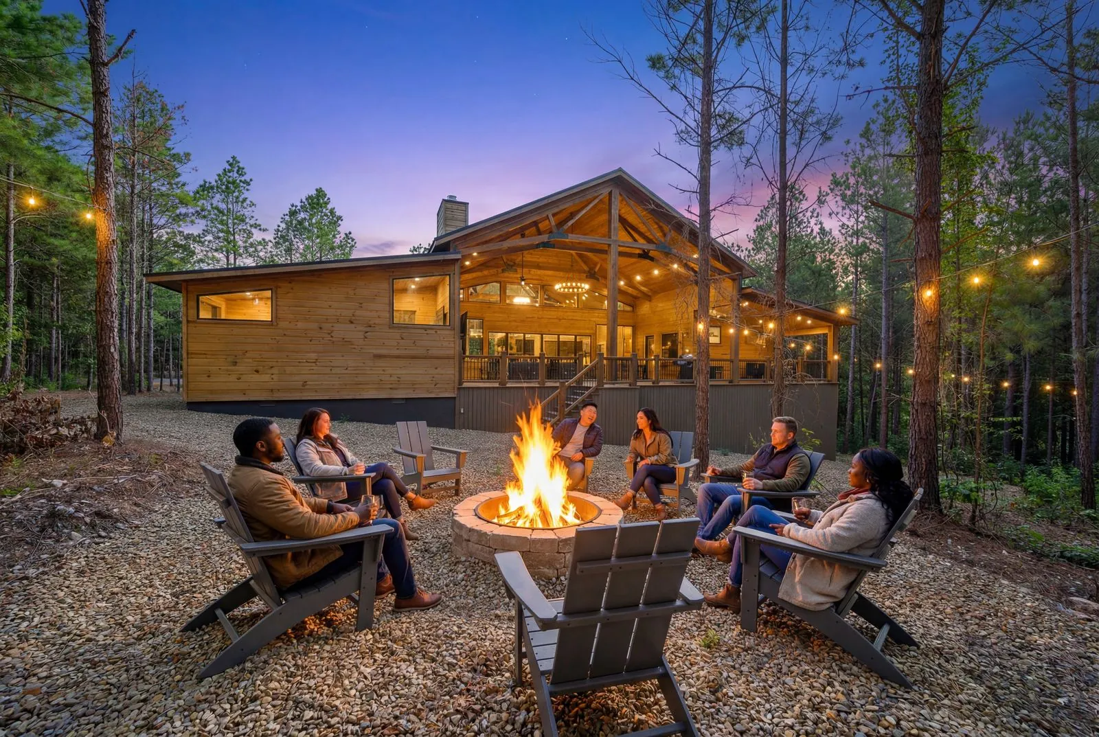 Guests gathered around the fire pit at The Avalon luxury cabin with string lights and warm cabin glow among pine trees