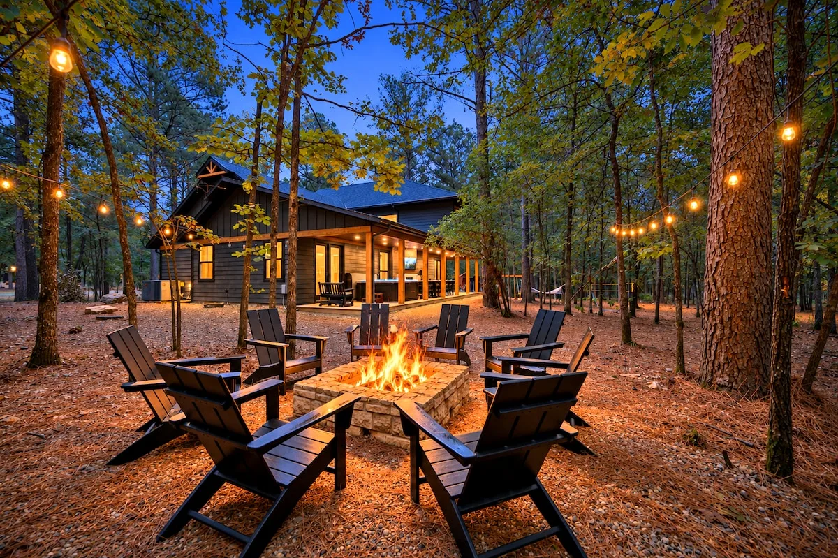 The Black-Beary private fire pit and covered porch among the trees