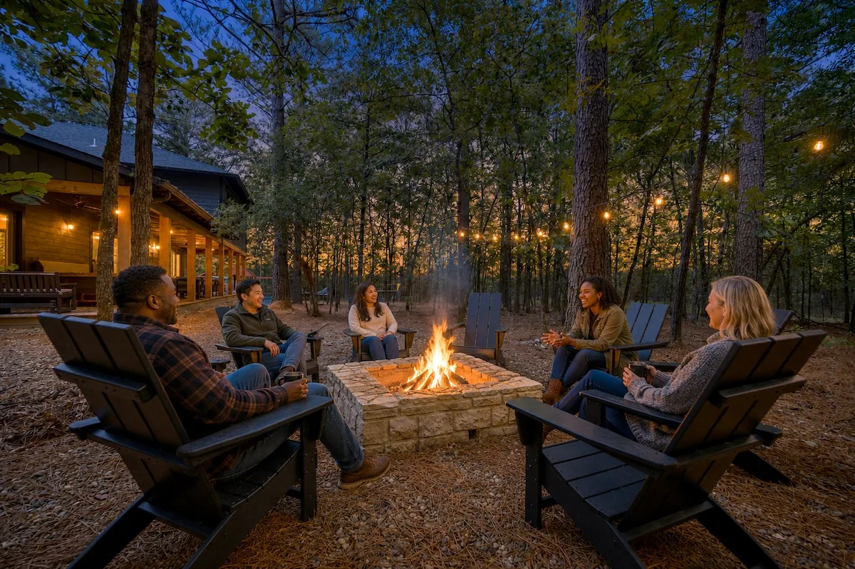 Fire pit ringed with Adirondack chairs at dusk at The Black-Beary