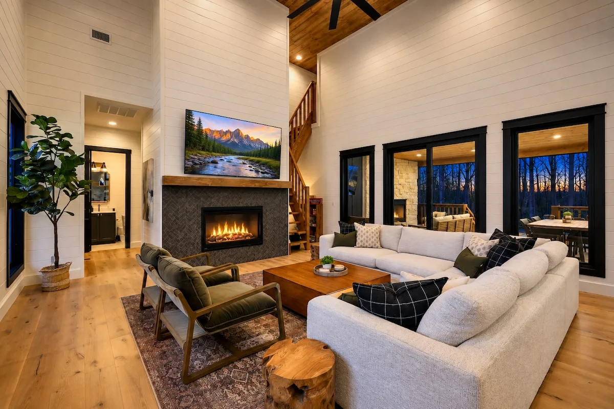 Blue Note — Gather around the gas fireplace and smart TV in a high-ceilinged living room built to hold the whole group.