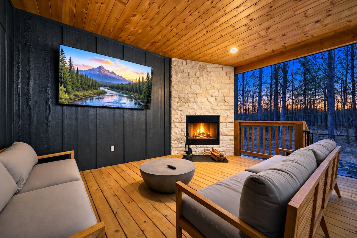 Blue Note — Unwind by the private outdoor fireplace and smart TV, all yours to enjoy in the cabin's covered deck lounge.