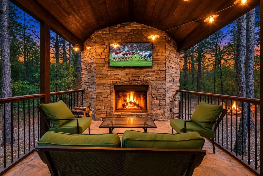Covered outdoor lounge at Cami's Campout with fireplace and television