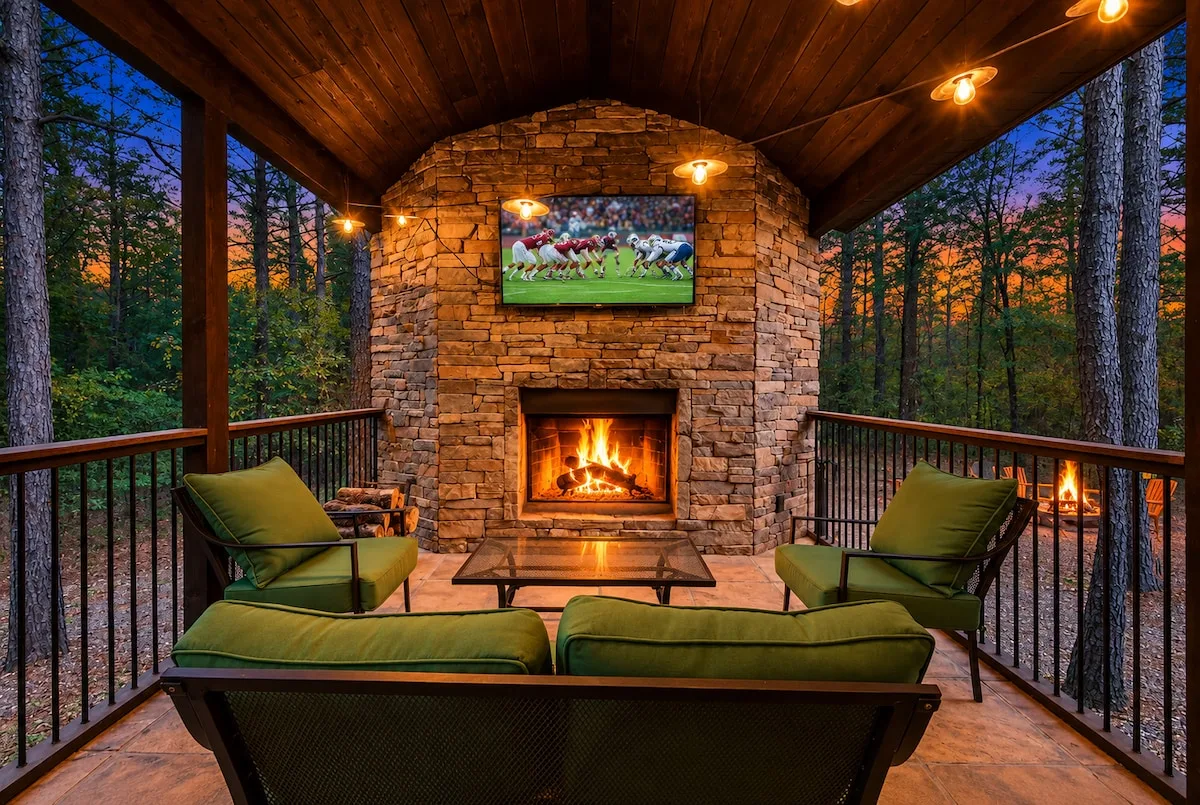 Covered outdoor fireplace lounge at Cami's Campout