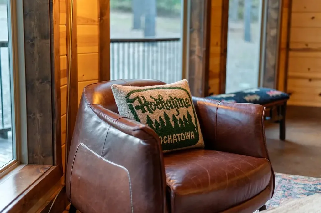 Leather reading chair in the Cami's Campout living room