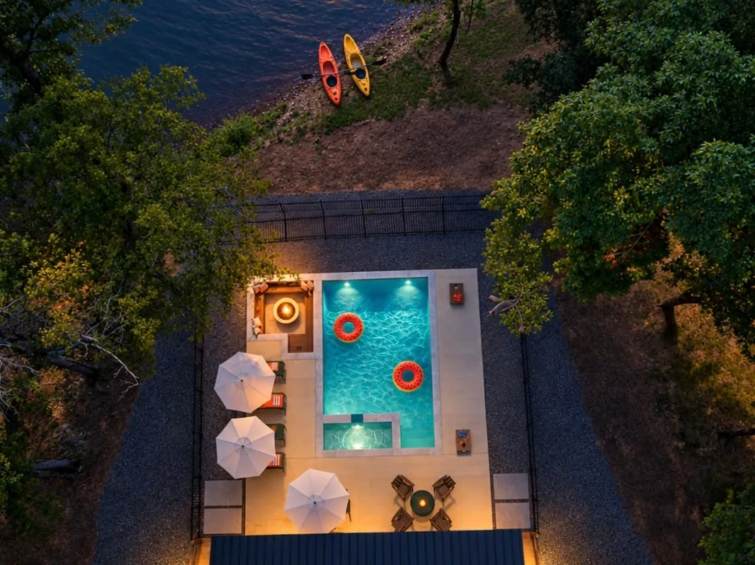 Aerial view of Clearwater, its private pool and the Mountain Fork River
