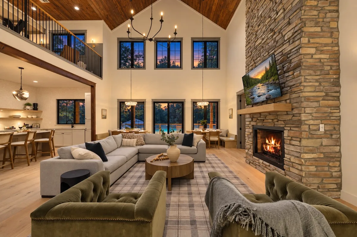 Open living room at Clearwater with riverfront views