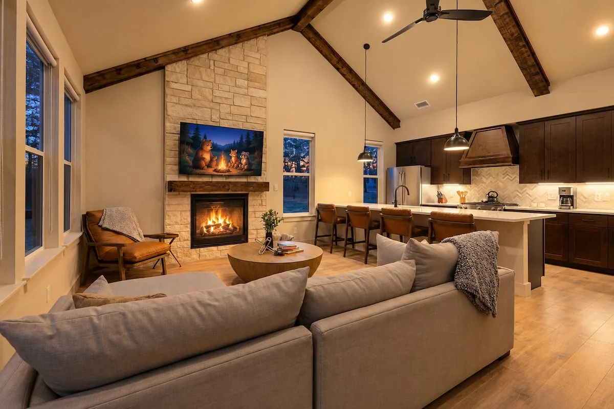Dolce Far Nient living room with a stone fireplace and vaulted wood ceiling