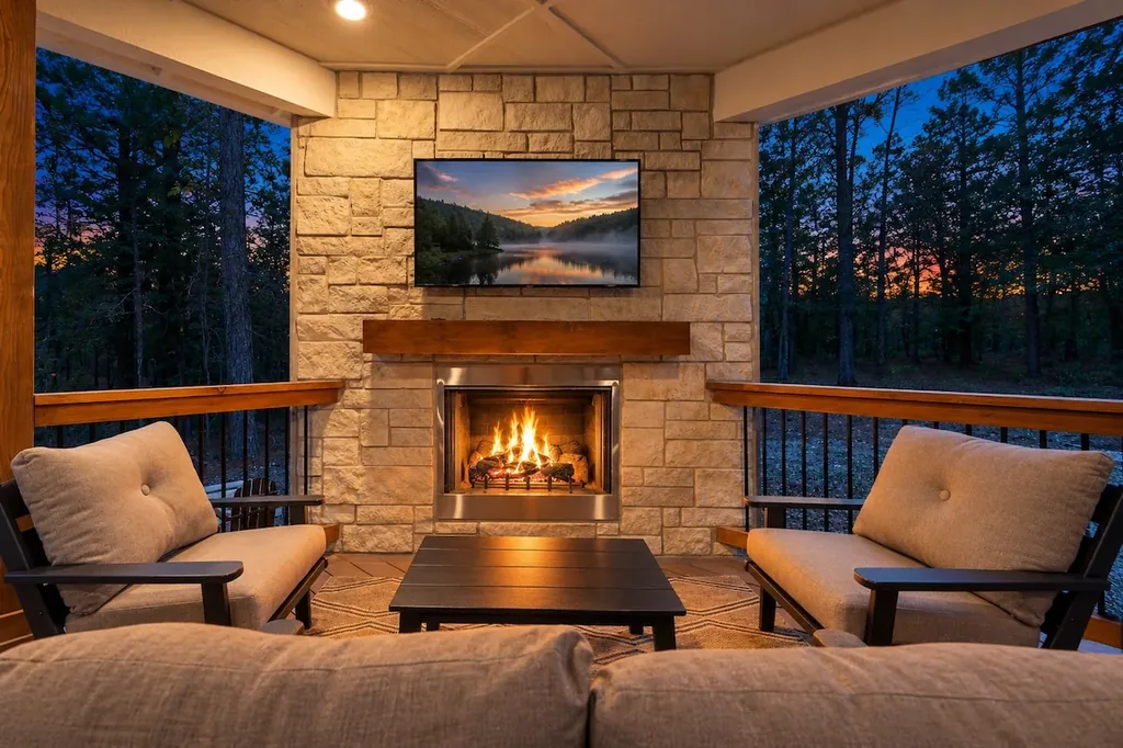 Dolce Far Nient — Unwind by a private gas fireplace on the covered porch as the forest fades into evening light.