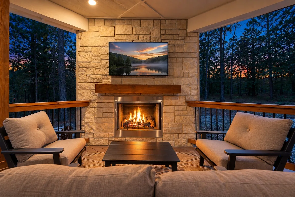 Dolce Far Nient — Unwind by a private gas fireplace on the covered porch as the forest fades into evening light.