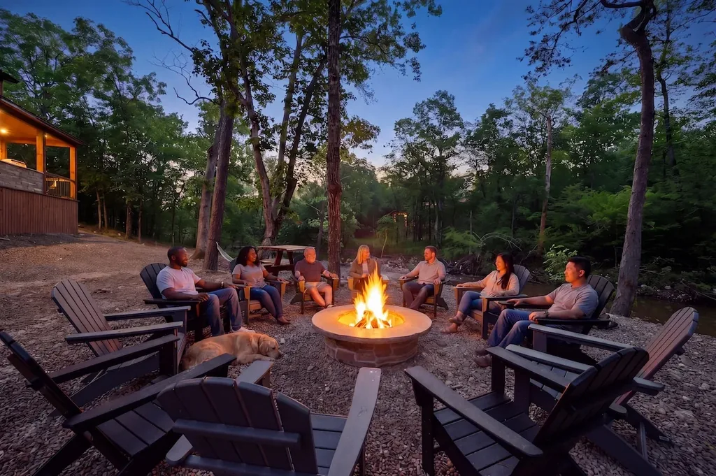 Guests gathered around the creekside fire pit at Dreams & Streams