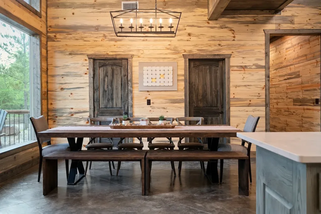 Indoor dining table with bench and chair seating