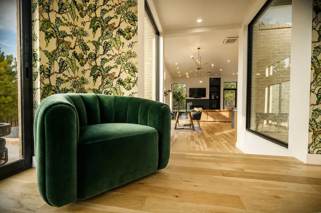 The Eleanor living room green settee at Imperial Jade in Broken Bow