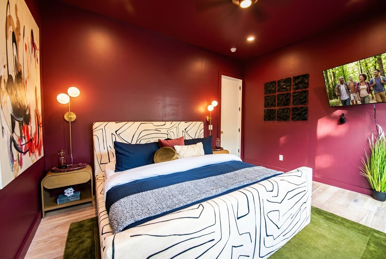 Rich burgundy bedroom at The Jade with king bed, blue accent pillows, patterned throw, and warm globe sconces