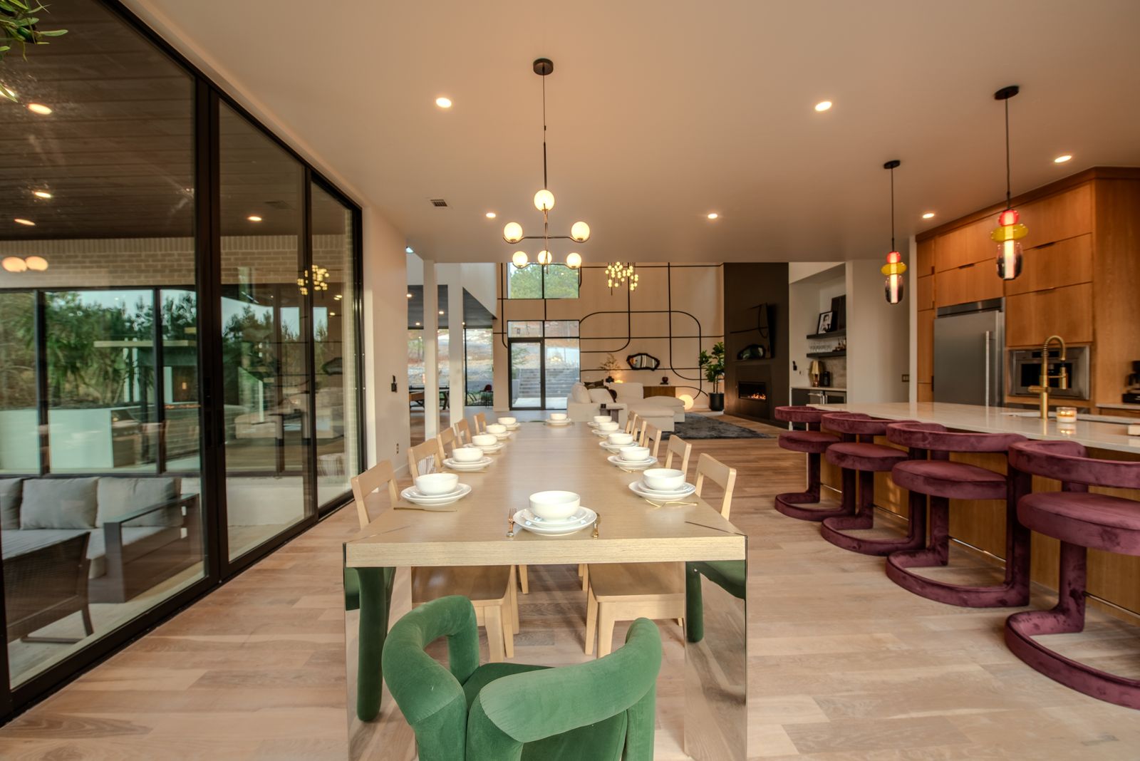 Elegant dining table set for a sunset dinner inside a Haute Vie luxury cabin