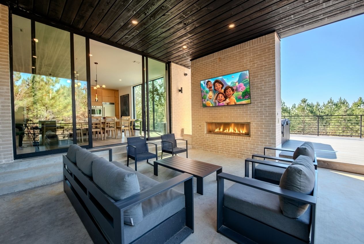 Covered outdoor living area at The Jade with linear gas fireplace, wall-mounted TV, and comfortable lounge seating