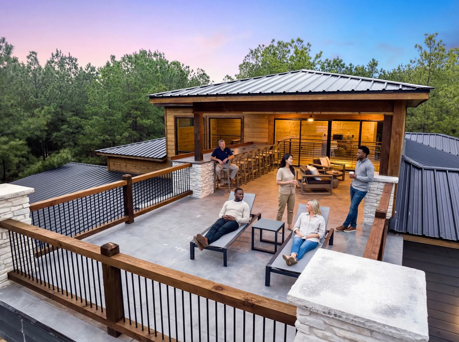 Guests relaxing on covered outdoor patio at LivNLove with stone fireplace columns and string lights at dusk