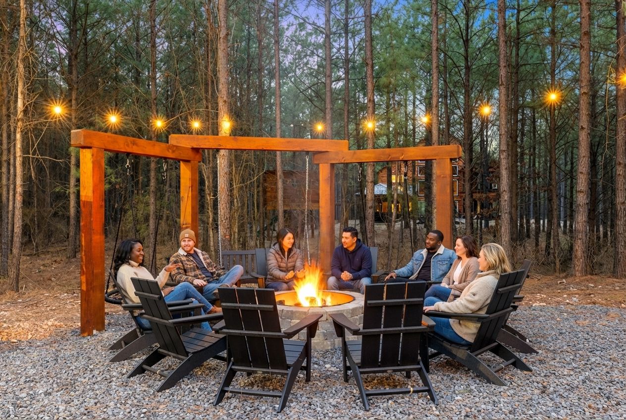 Group gathered around the outdoor pergola fire pit at LivNLove in Adirondack chairs with string lights