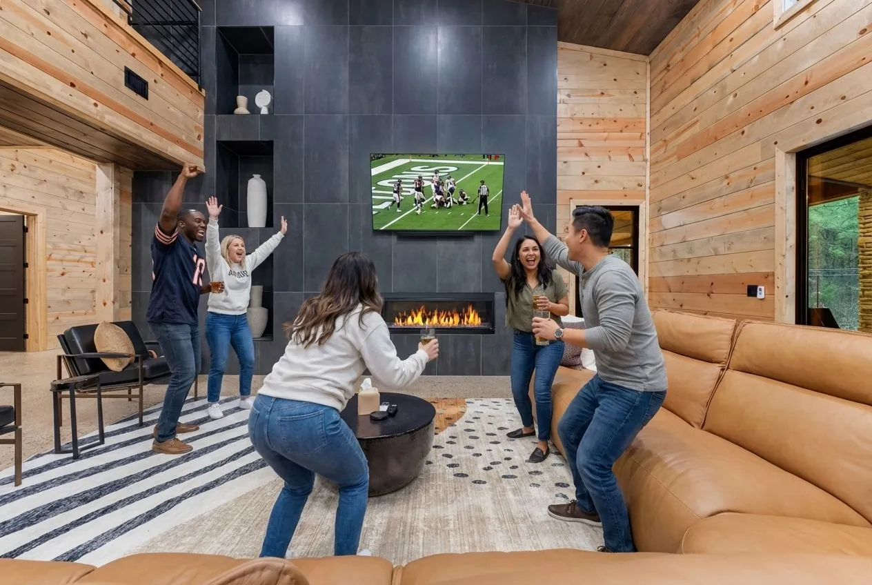 Guests dancing in the LivNLove game room with fireplace and large TV showing football