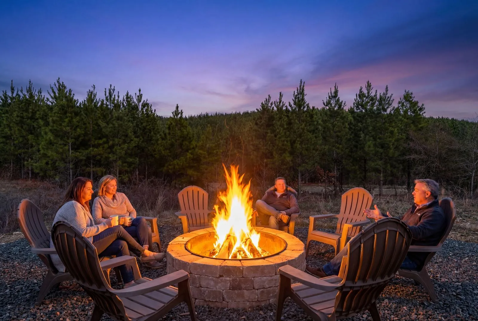 Guests gathered around a roaring stone fire pit in Adirondack chairs at The Malibu under a twilight sky