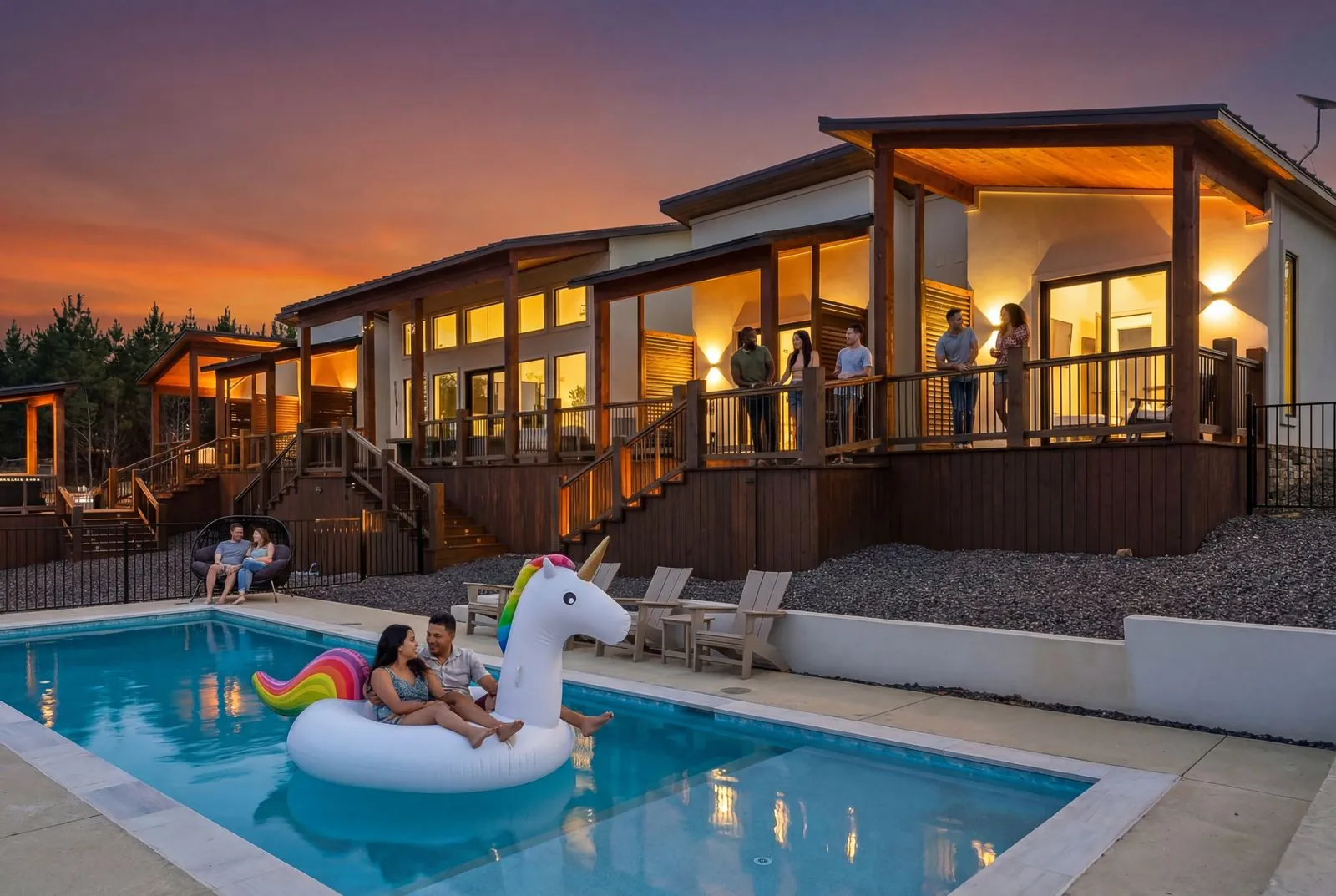 Multi-level exterior of The Malibu at dusk showing covered decks, pool below, and guests enjoying the evening