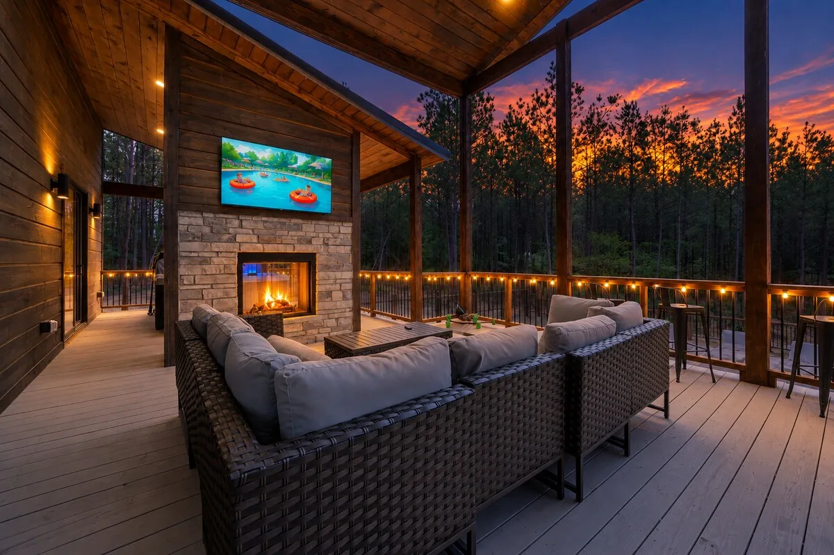 Covered porch with fireplace and forest views at Miko Chukka