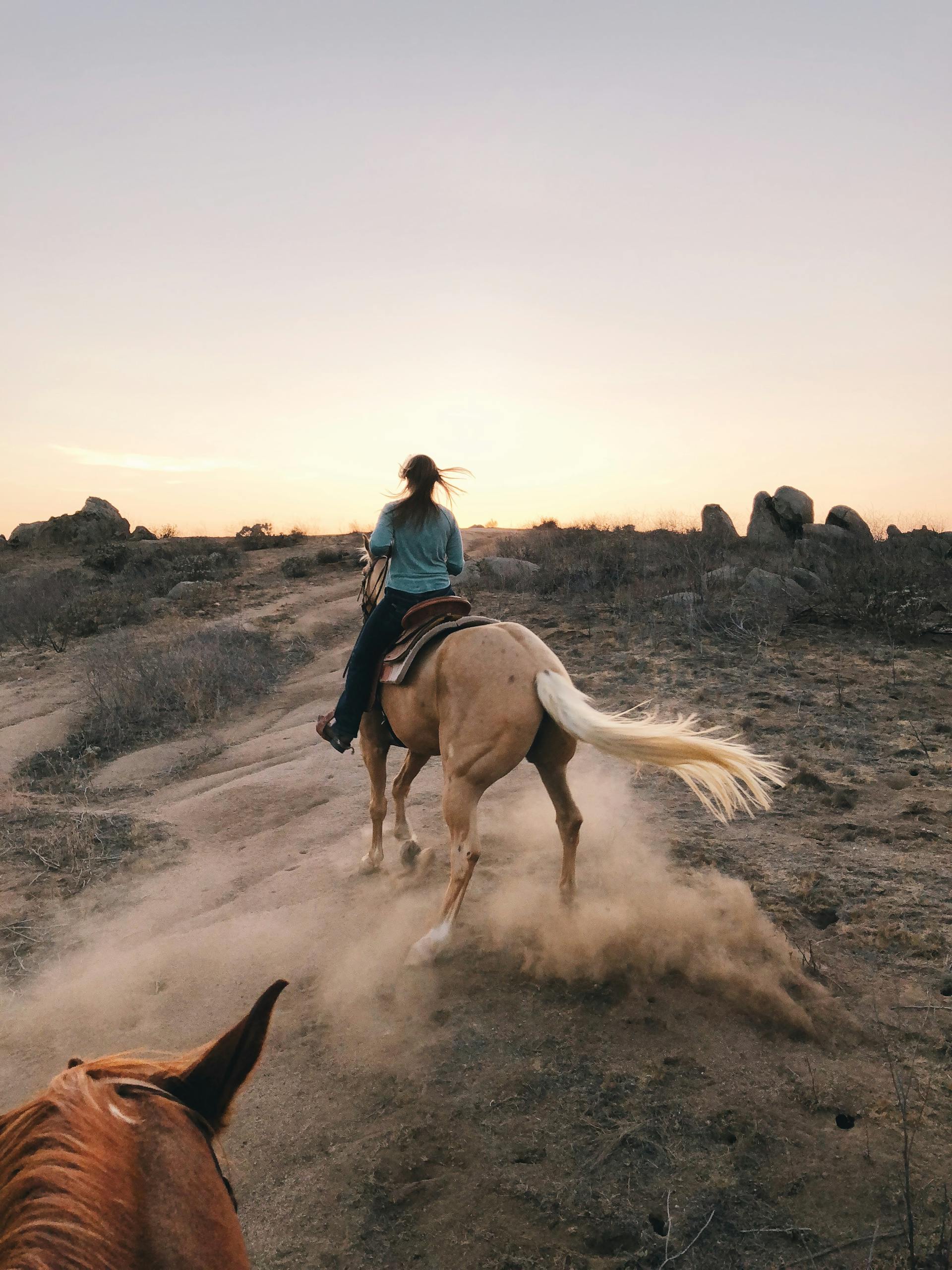 Woman horseback riding on a scenic trail at sunset